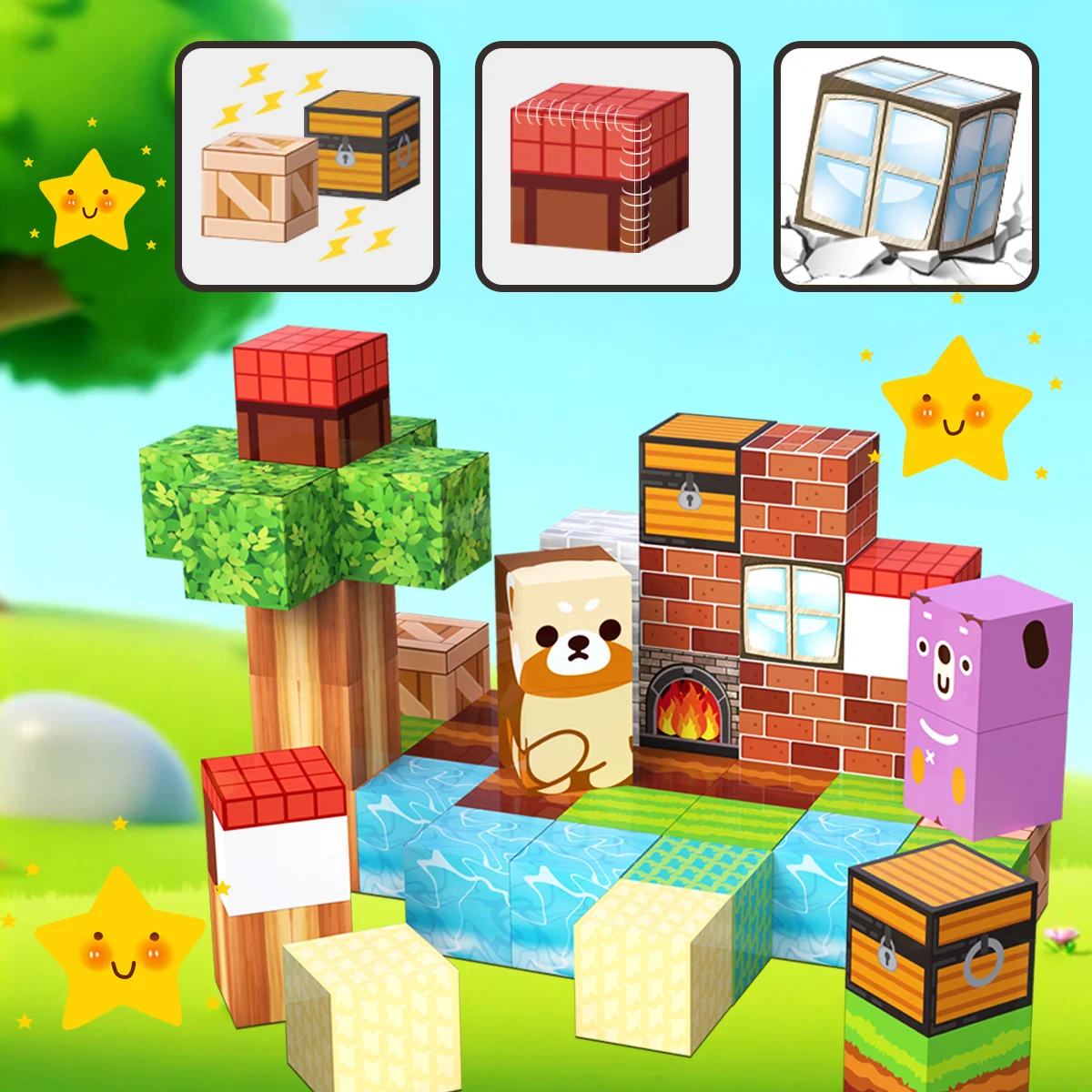 Blocs magnétiques, jouets empilables de construction, blocs magnétiques du monde naturel de prairie, choix idéal pour les jeux en plein air et l'école