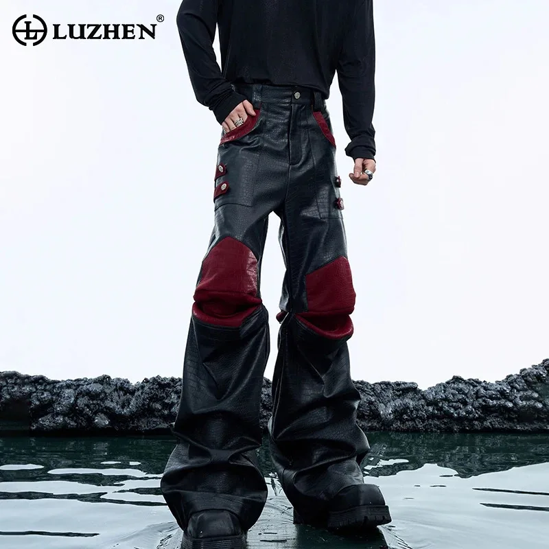 LUZHEN Luxury High End Design Trendy Streetwear PU Leather Pants Original Handsome Color Contrast Patchwork Trousers Male LZ7379