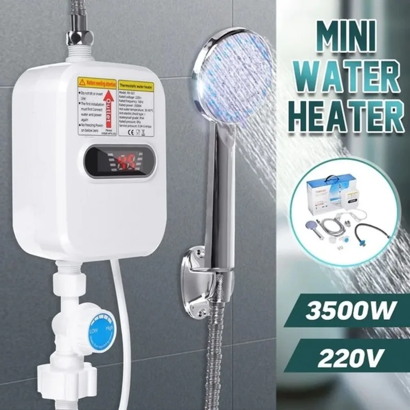 3500W Mini Instant Electric Water Heater Bathroom Kitchen Tankless Hot Water Heater Tap Temperature Display Faucet Shower Set