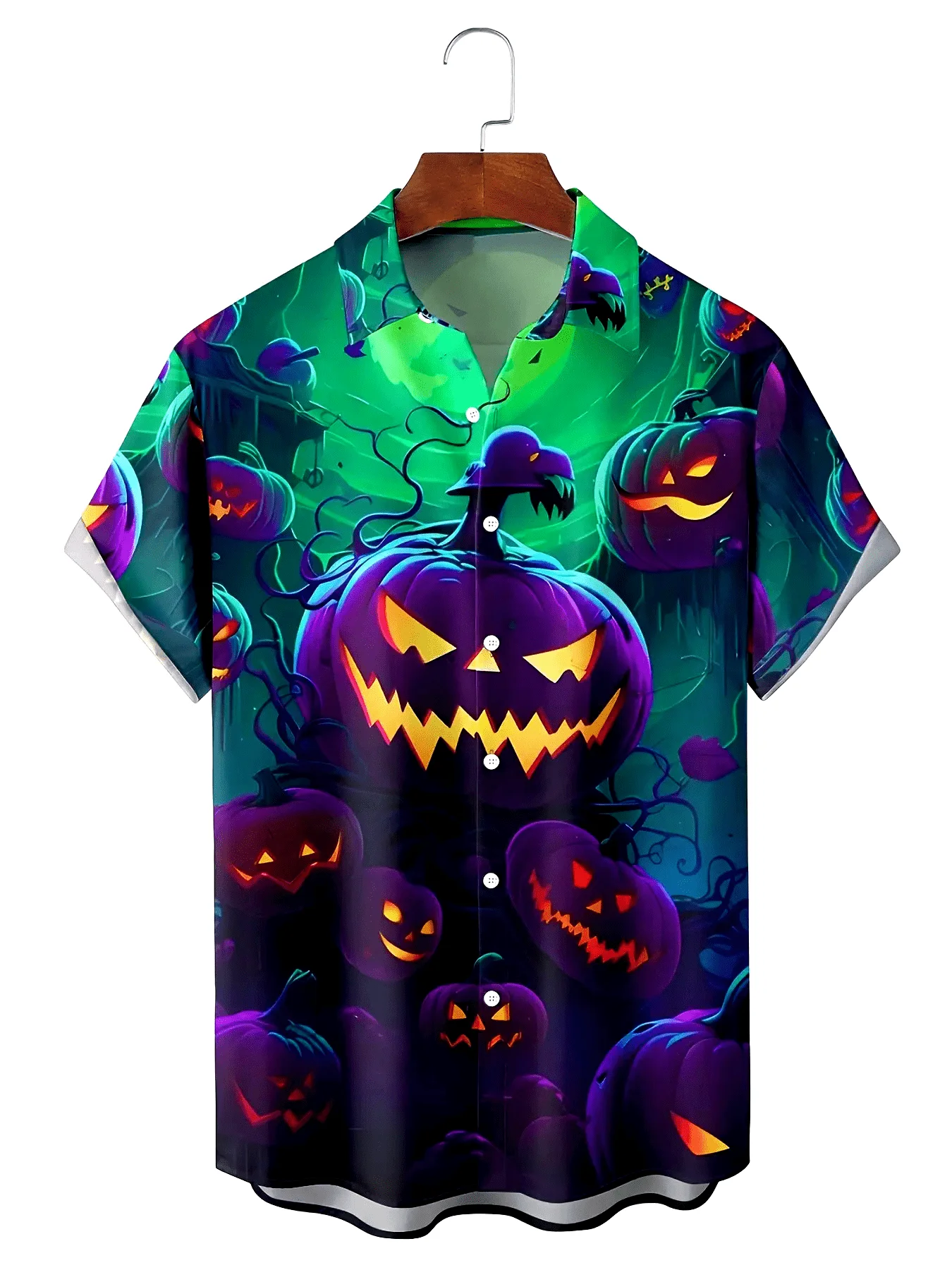 Men Halloween Neon Glow Pumpkin Print Short Sleeve Shirt Lapel Collar Gothic Party Casual Tops