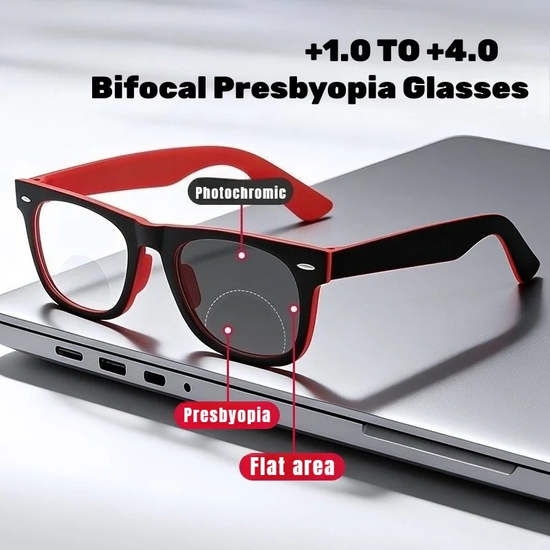 

Full-Frame Rice Nails Photochromic Bifocals for Presbyopia Stylish Square-Frame Anti-blue Light UV-Protective Reading Glasses