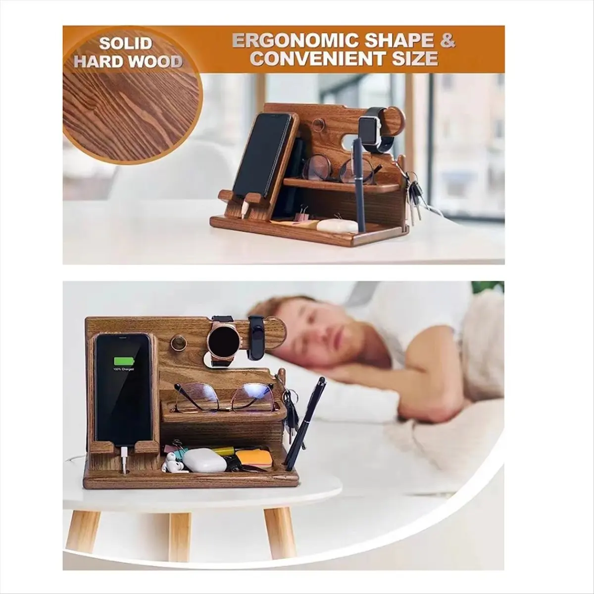 morning Multifunctional Wood Storage Rack Watches Jewelry Glasses Phone Holder Keys Organizer Wallet Stand For Entrance Cabinet