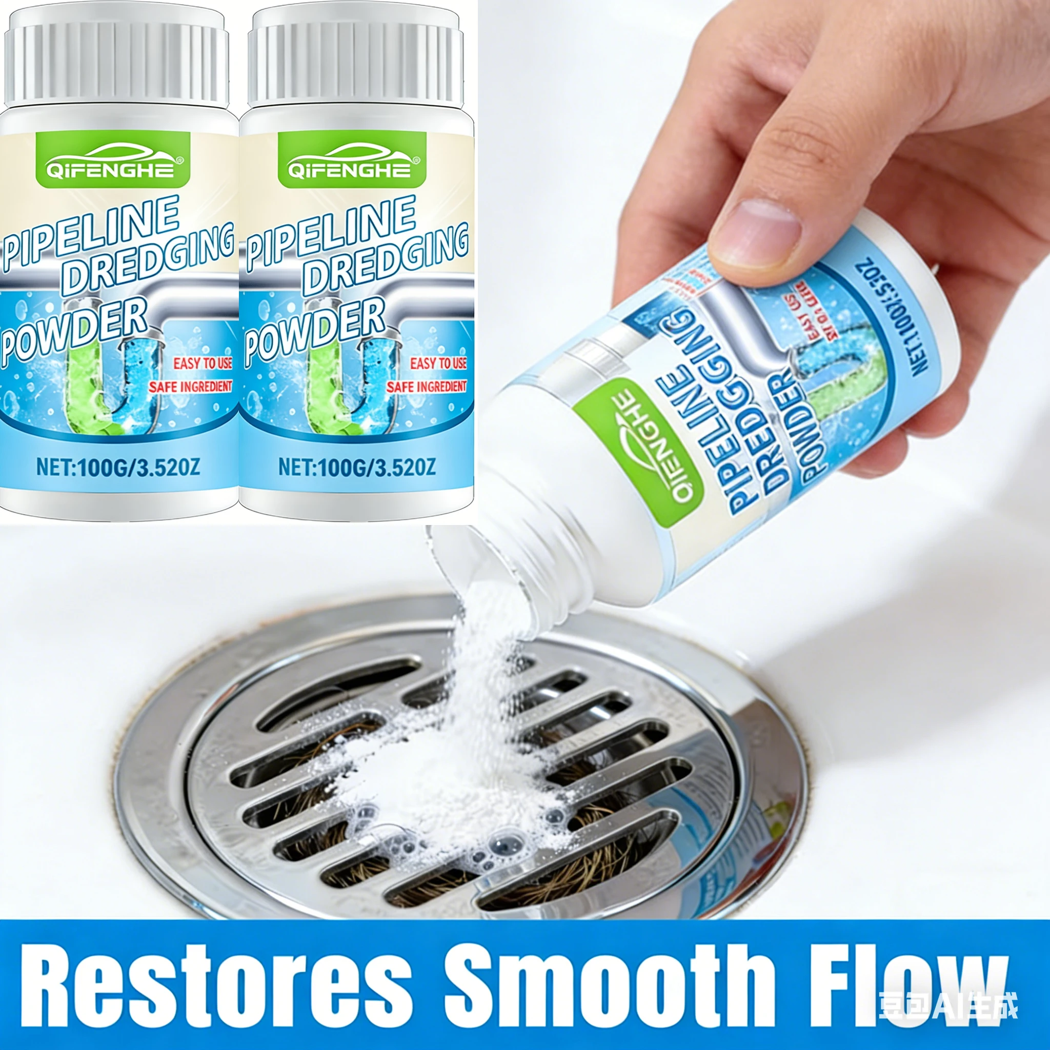 Polvo Desatascador de Tuberías QIFENGHE 100g - Limpiador de Drenajes Seguro, Fácil de Usar, Eliminador de Obstrucciones para Tuberías de Cocina y Baño