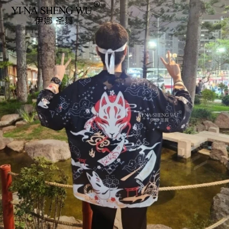 Flower Fox Kimono Japanese Anime Clothes Harajuku Ukiyo Painted Fox Mask Printed Kimono Men Women Cardigan Cosplay Streetwear