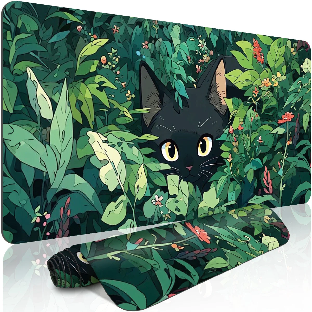 

1pc Extended Gaming Mouse Pad and PC Desktop Keyboard Pad - Forest, Green Plants, Black Cat Peeking Out Pattern