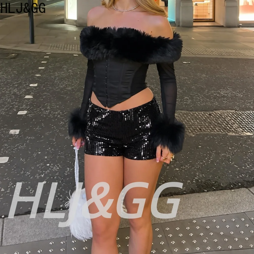 HLJ&GG Women's Y2K Faux Fur 2 Piece Set Off Shoulder Crop Top Sequin Shorts Long Sleeve Sexy Clubwear Night Out Party Outfits