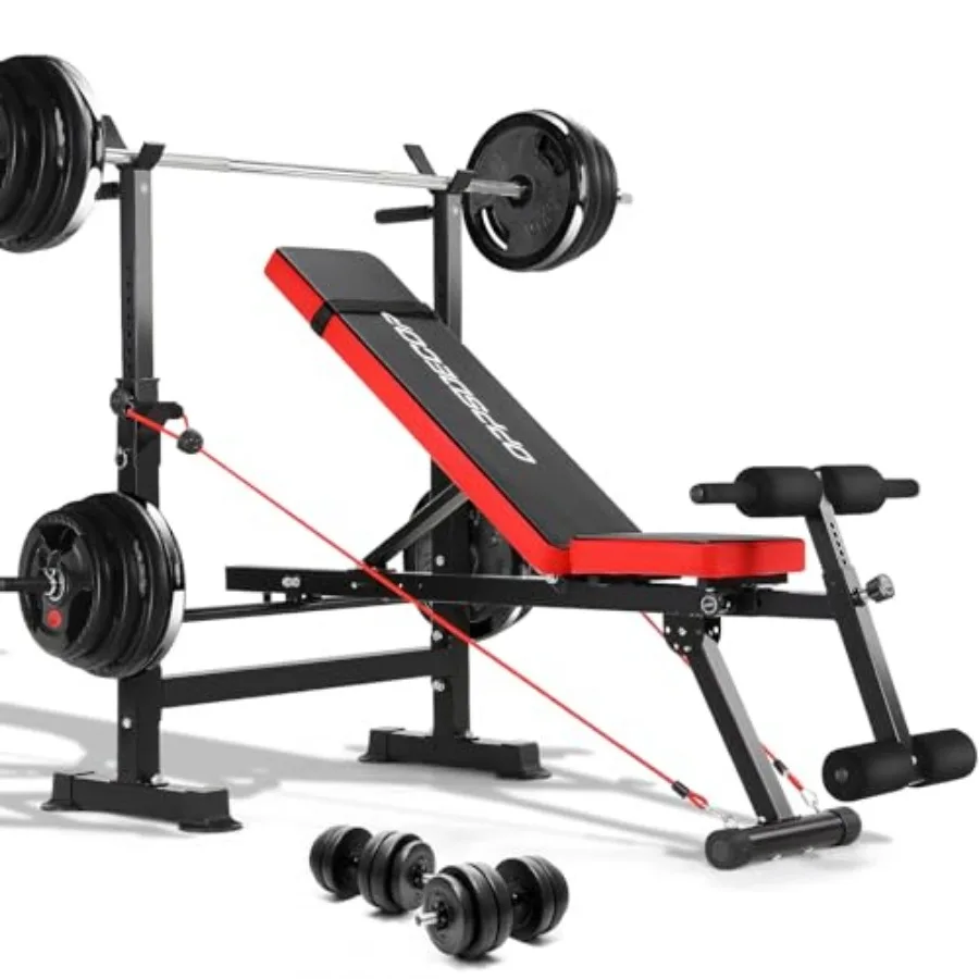 Juego de banco de pesas 6 en 1 con rejilla para sentadillas para gimnasio en casa: banco de entrenamiento plano inclinado ajustable para abdominales, captura de piernas extraíble