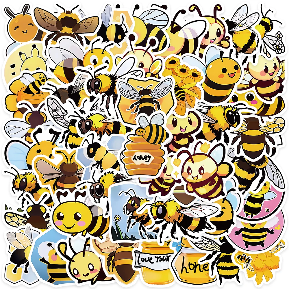 50pcs Cute Cartoon Honey Bee Vinyl Laptop Decals Insect Stickers For Luggage Phone Guitar Bicycle Car Waterproof Graffiti