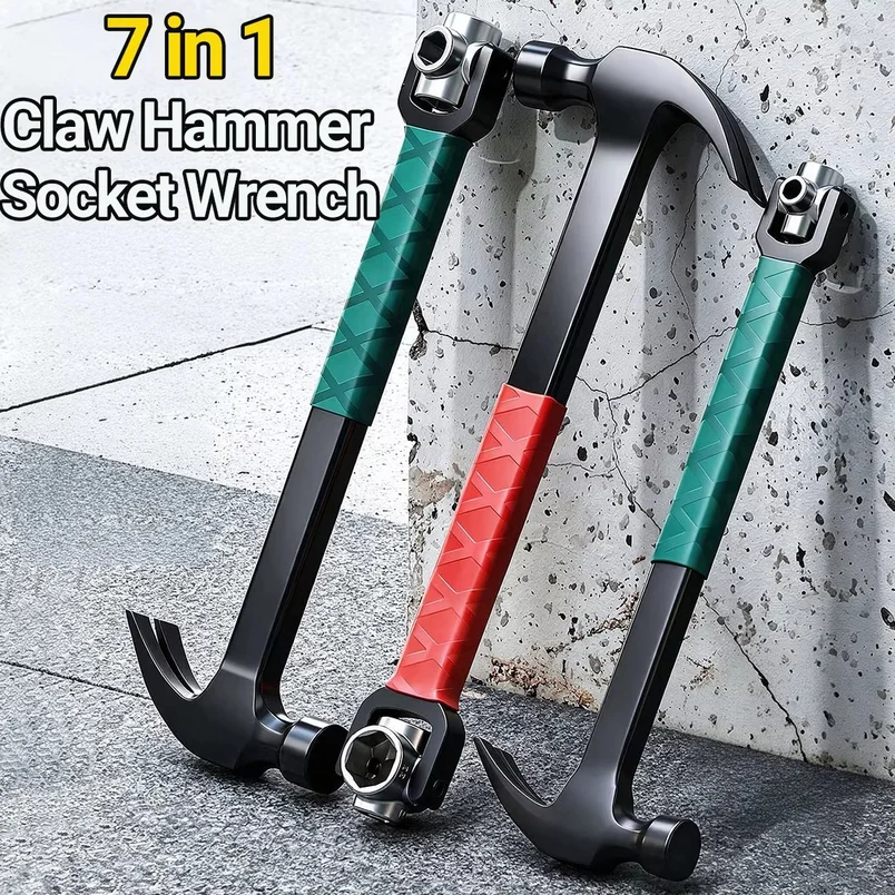 7 In 1 Claw Hammer Multi Functional Magnetic Nail Puller Hex Socket Wrench Pry Bar Woodworking Hand Tool Motorcycle Repair