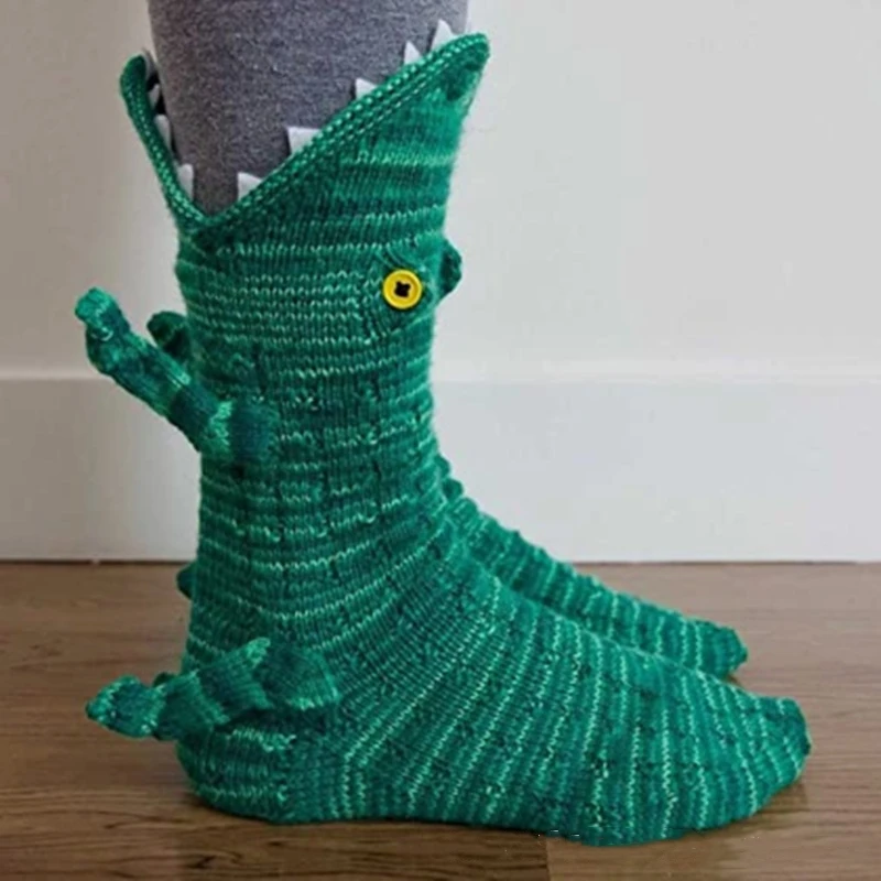 Knit Crocodile Socks Christmas Knitted Crocodile Socks Shark Socks Floor Warmth Socks Foot Warmers Green Crocodile/Rose Red Carp