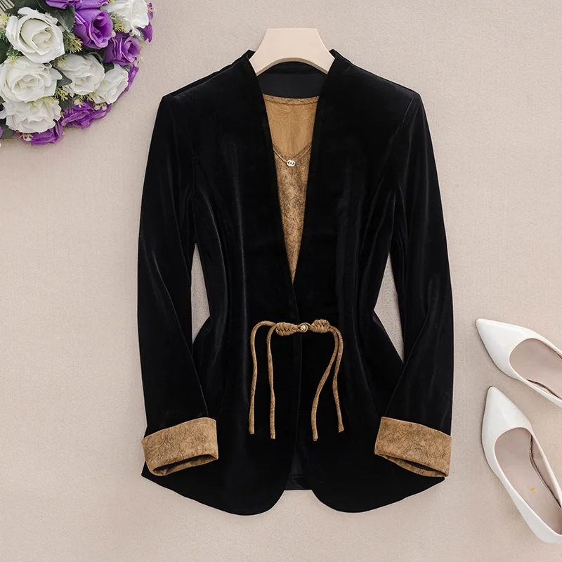 

Women's Slim Fit Velvet Suit Set with Button Design Spring Autumn New Sle Chinese National Faion Long Sve V-Ne