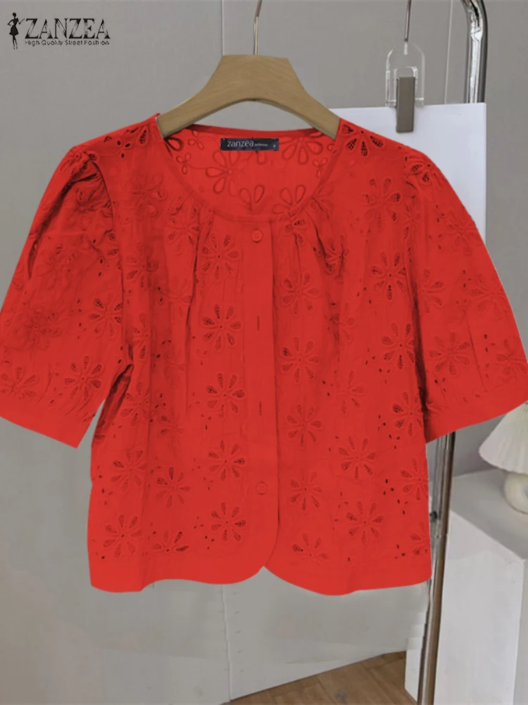 

ZANZEA Openwork Embroidery O-Neck Solid Tops Button Up Elegant 2025 Summer Short Puff Sleeve Shirts Casual Women Fashion Blouses
