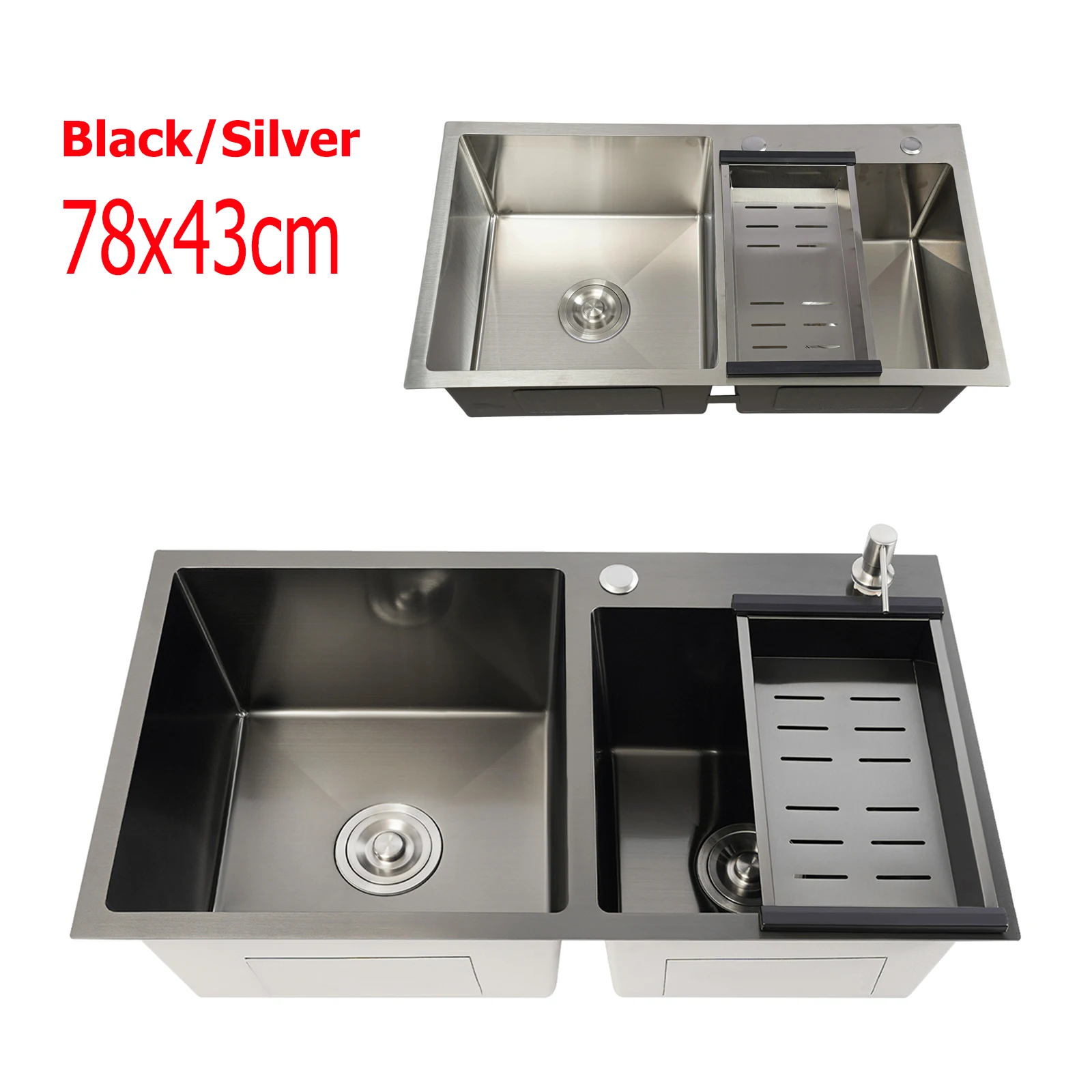 Lavello da Cucina Grande Nero a Doppia Vasca Sottopiano, Lavello Bar in Acciaio Inox a 2 Vasche con Cestello Scolapiatti, Set Tubi, Dispenser Sapone 78x43x22cm