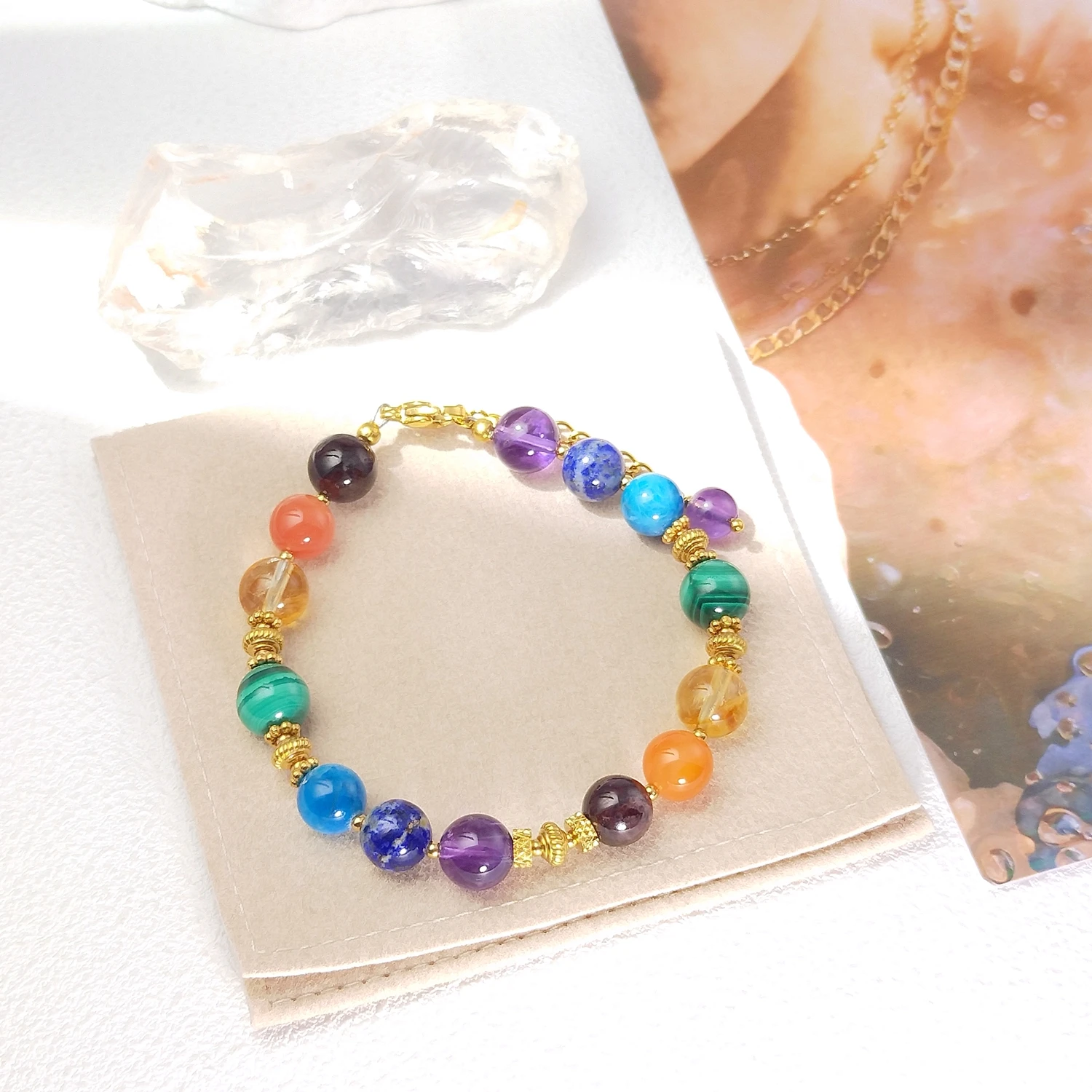 Lii Ji 8mm 7 Chakras Natural Stone Beaded Bracelet  Gold Stainless Steel Handmade Fashion Jewelry view 6