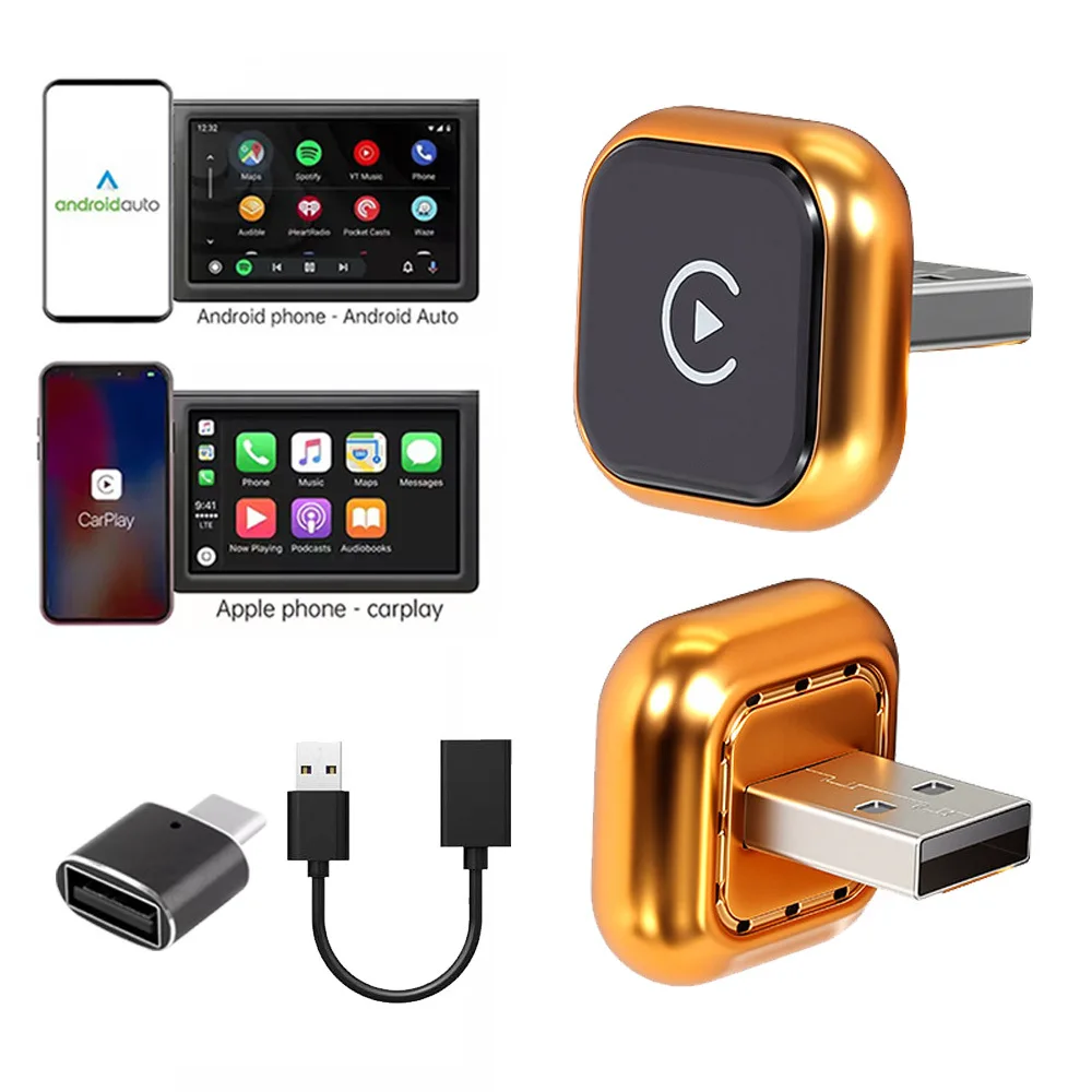

K23 Wired to Wireless CarPlay Android Auto 2 in 1 Box with Adapter & Extension Cable (Orange/Gun Metal)