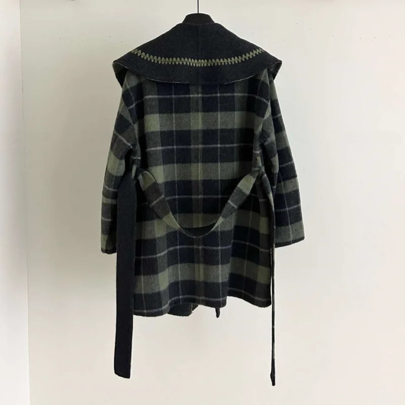 HKSH 2025 Herbst Winter Neue Frauen Doppelseitige Woolen Jacke Plaid drehen-unten Kragen Gürtel Taschen Elegante Trendy Mantel HK13462