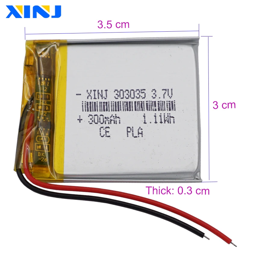 3.7V 300mAh 1.11Wh Rechargeable Lithium-Polymer Li Lipo Battery 303035 For GPS Sat Nav DashCam Car Camera Bluetooth Speaker MP4