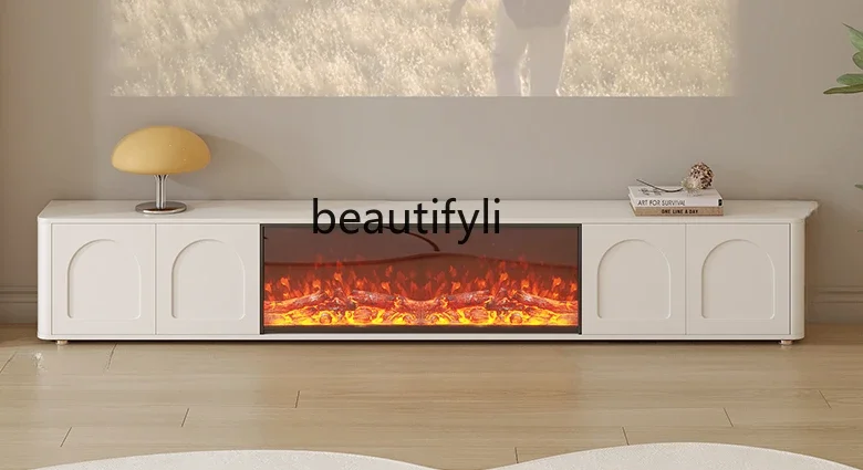 

Cream Fireplace Simulation Flame TV Cabinet Living Room Home TV Cabinet Storage Locker Integrated