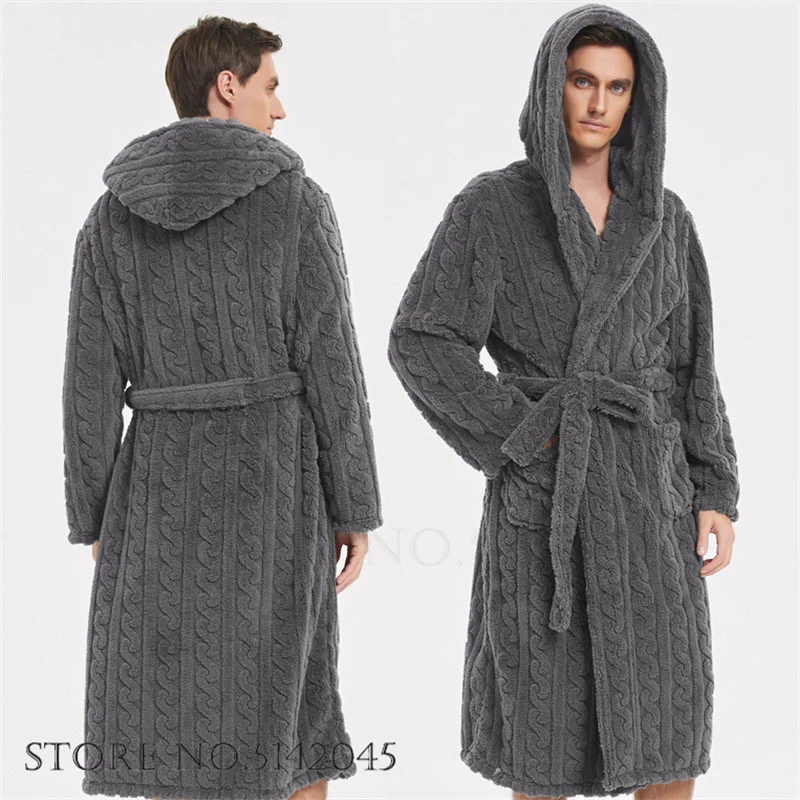 Thicken Jacquard Flannel Men Robe Winter Warm Sleepwear Lounge Wear Plush Coral Fleece Hooded Bathrobe Gown Home Wear Nightwear