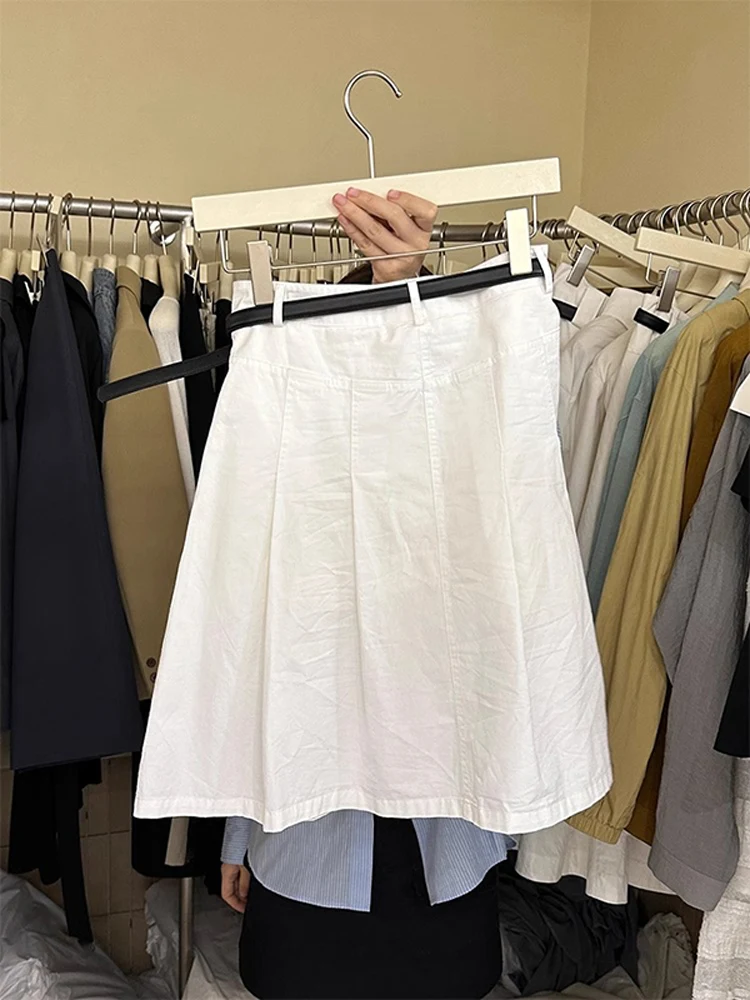 Primavera 2025 falda de cintura alta Vintage blanco plisado f-longitud mujer diseño Faion sensación versátil falda de Color puro