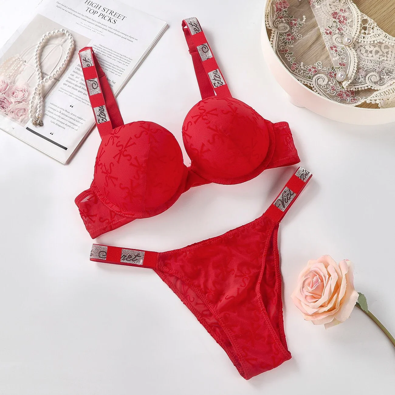 Rhinestone Letter Bra and Underwear Set Sexy Women\'s Underwear 2-piece Set Push Up Underwear Luxury Comfort Plus Size Bra Wholes