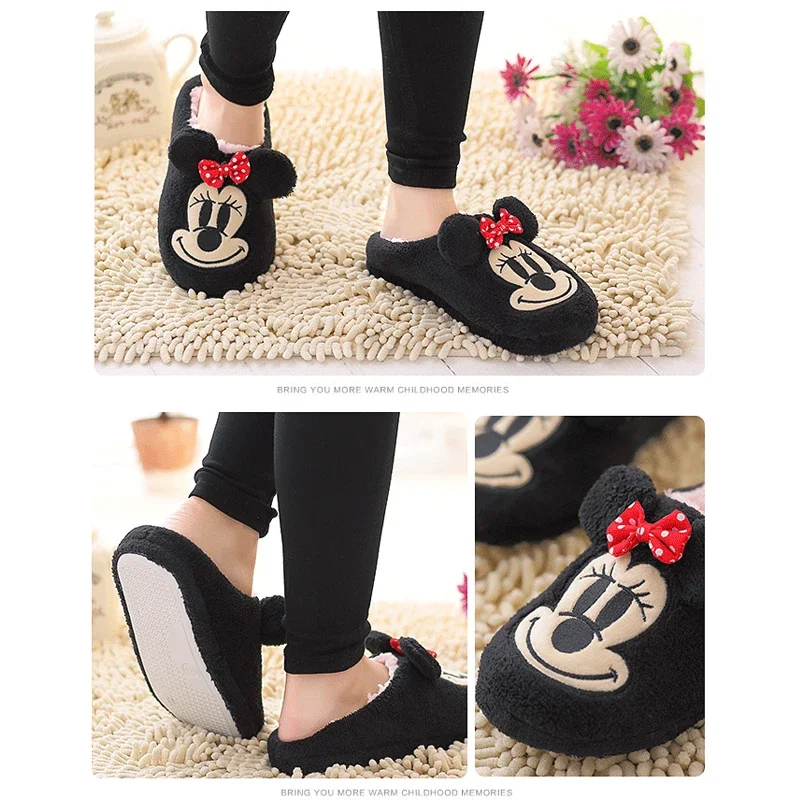 Disney Mickey Minnie pantofole da casa invernali pantofole in cotone da donna Cartoon Men Warm Coral Fleece Slides pantofola da coppia antiscivolo