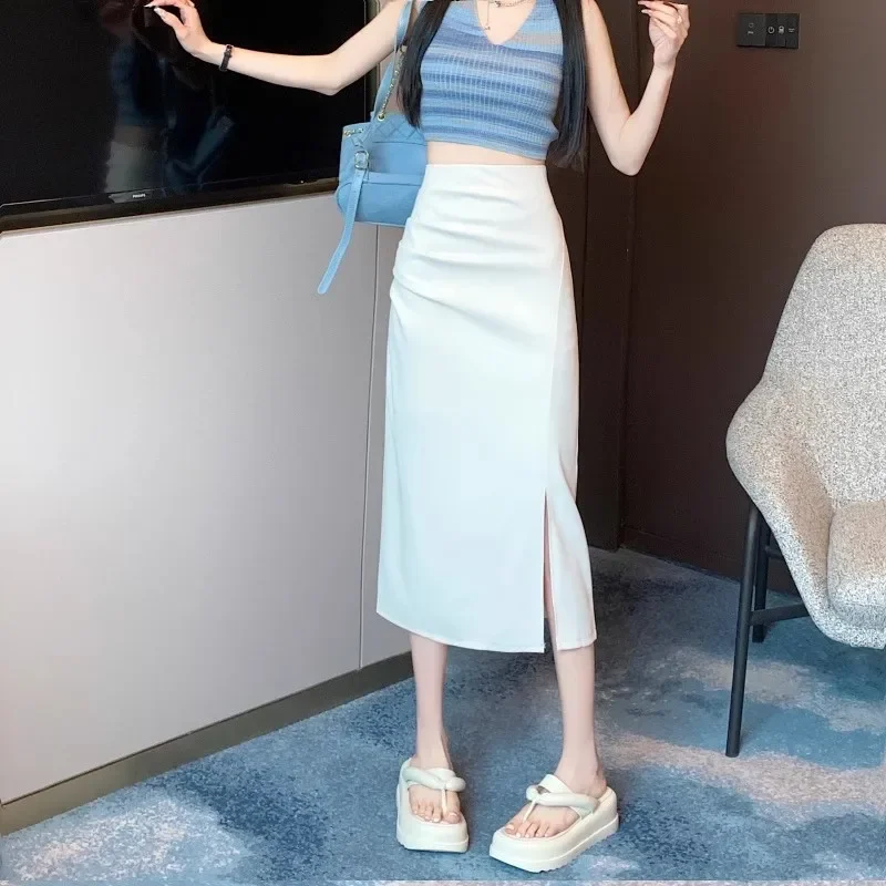 New Spring Women High Waisted Slim Fit Ruched Slit Bodycon Midi Skirt Elegant Office Blazer Pencil Work Long Casual Skirt