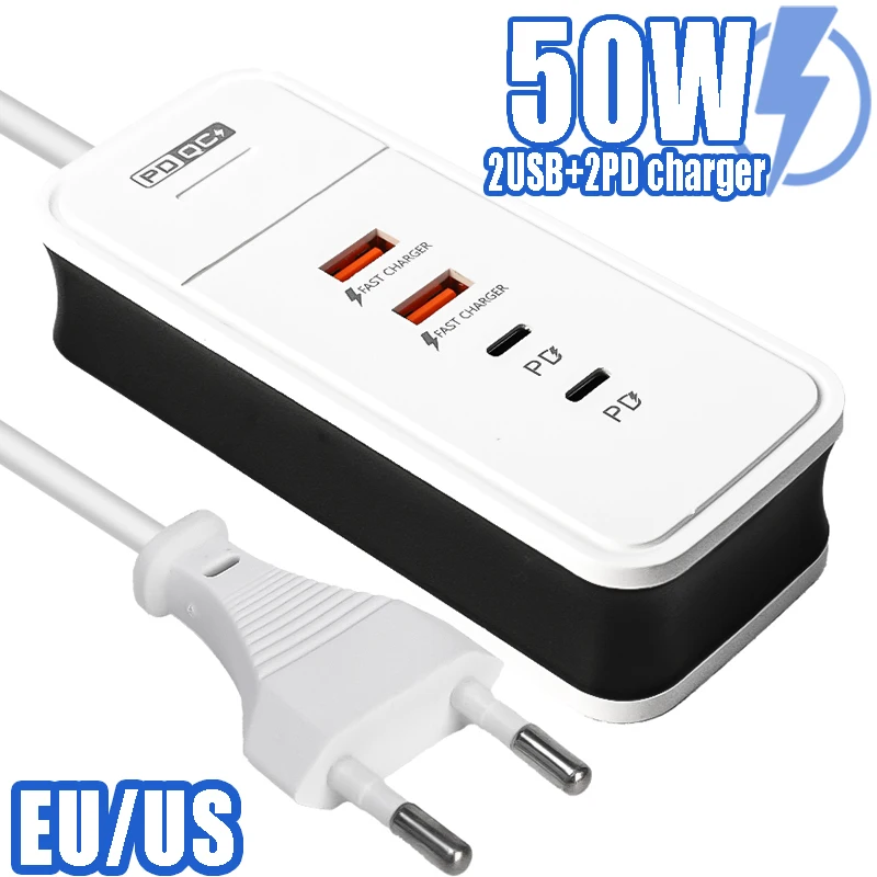 4 Ports 2USB 2PD Charging Station Multiports Hub Charger Type C Power Strip Socket Chargers for IPhone Samsung Xiaommi Tablet