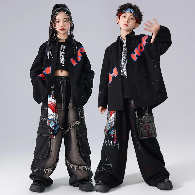 

Street Dance Clothing Hip Hop Black Baggy Coat Pants Kids Boys Drum Show Outfit Girls Jazz Performance Clothes Stage Wear L14050