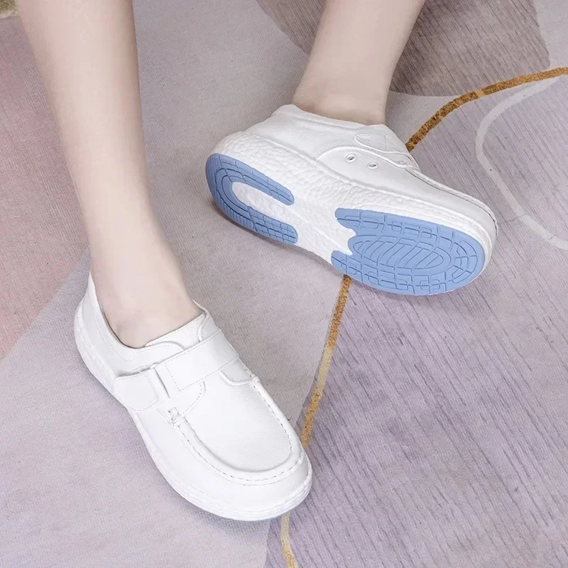 Spring Woman Nurse Flat Shoes Genuine Leather Slip on Moccains Ladies Round Toe White Flat Loafers Women Sneakers Creeper