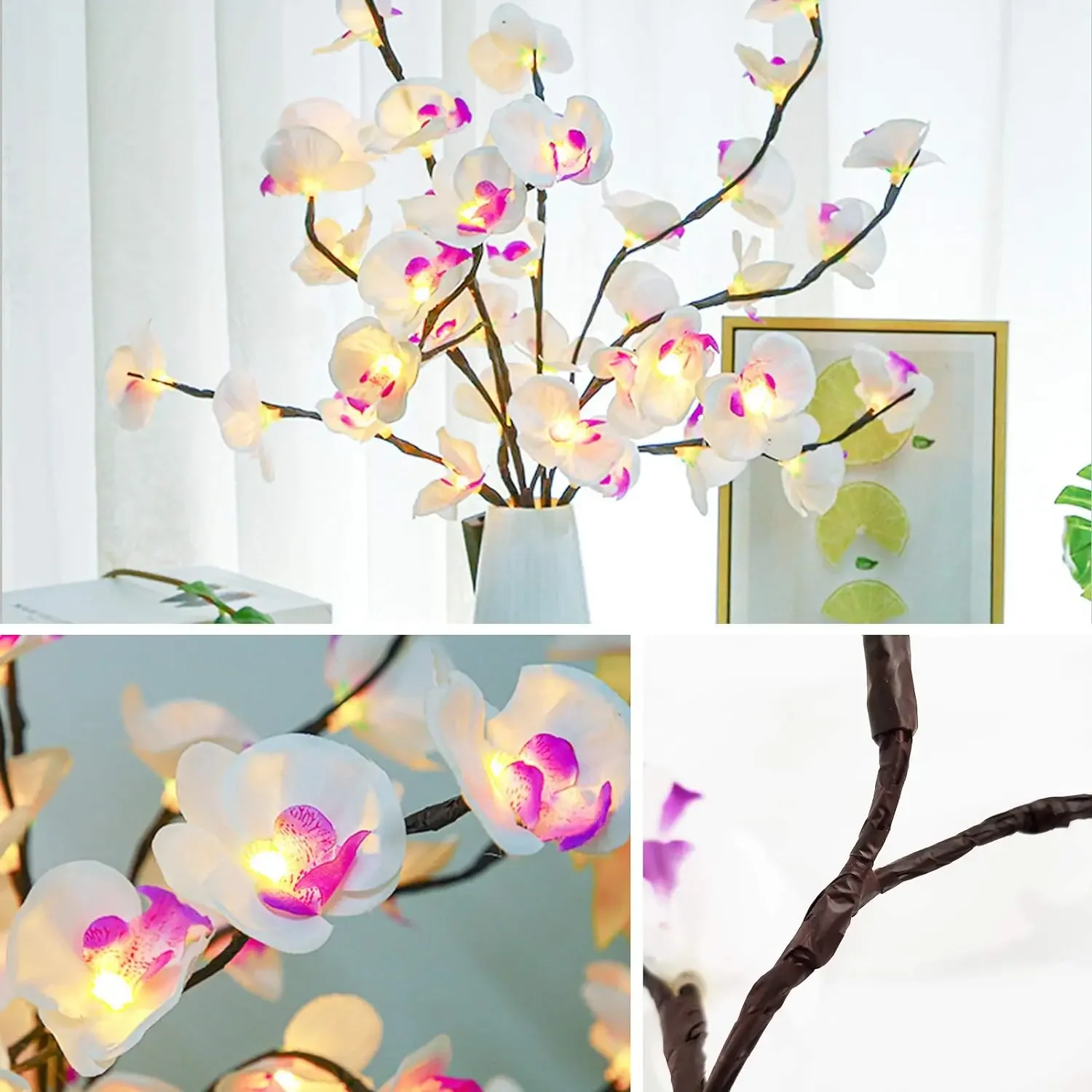 Lumière d'arbre d'orchidée papillon blanche et violette, lumières LED, batterie 62, lampe d'arbre éclairée pour chambre, maison, décoration romantique, 1 paquet