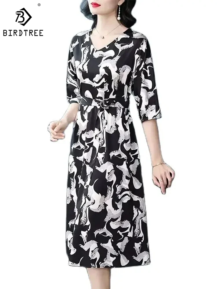 

BirdTree 88.5% Mulberry Silk Women Dresses, Half Sleeve V-Neck Zebra Print, Elegant Fashion Chic Dress, 2024 Spring New D42286QM