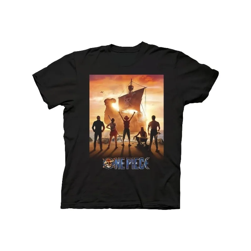 

Ripple Junction Anime Men's T-Shirt with Straw Hat and Pirate Ship Black Casual Short Sleeve T-Shirt for Adults Anime Shirt
