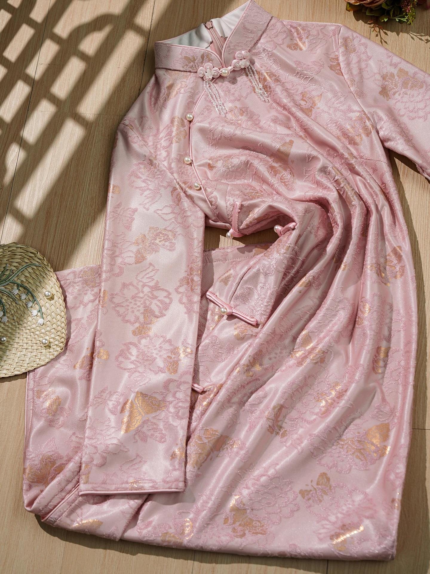 

New Chinese Sle Long Sve Pink Qipao Dr Retro Young Model Daily Improved Jiangnan Floing Autumn Collection