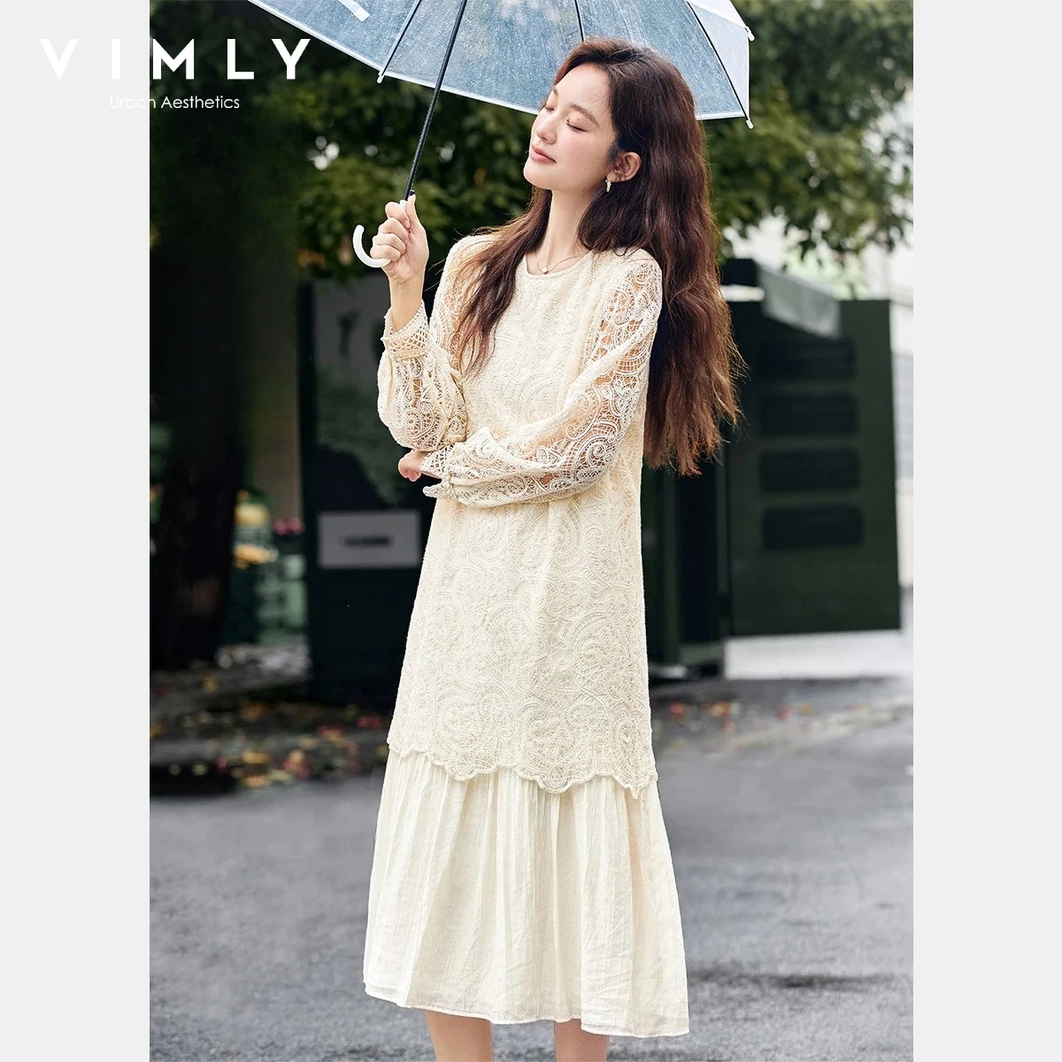 

VIMLY French Elegant Women Dress 2025 Autumn New Retro Long Lace Sleeves Dresses Casual Soft Paneled Maxi Dress Woman A2810