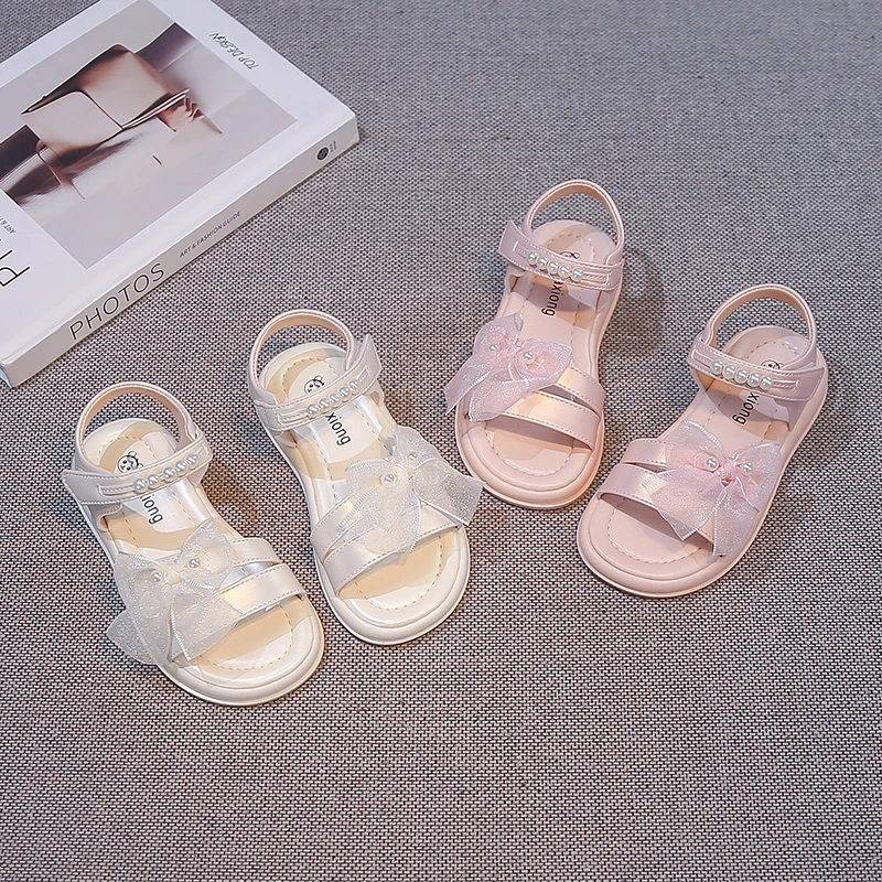 Kids Sandals Korean Style Versatile Girls Casual Shoes Soild Color Soft Sole 2026 Summer New Children Beach Shoes Sweet Lace Bow