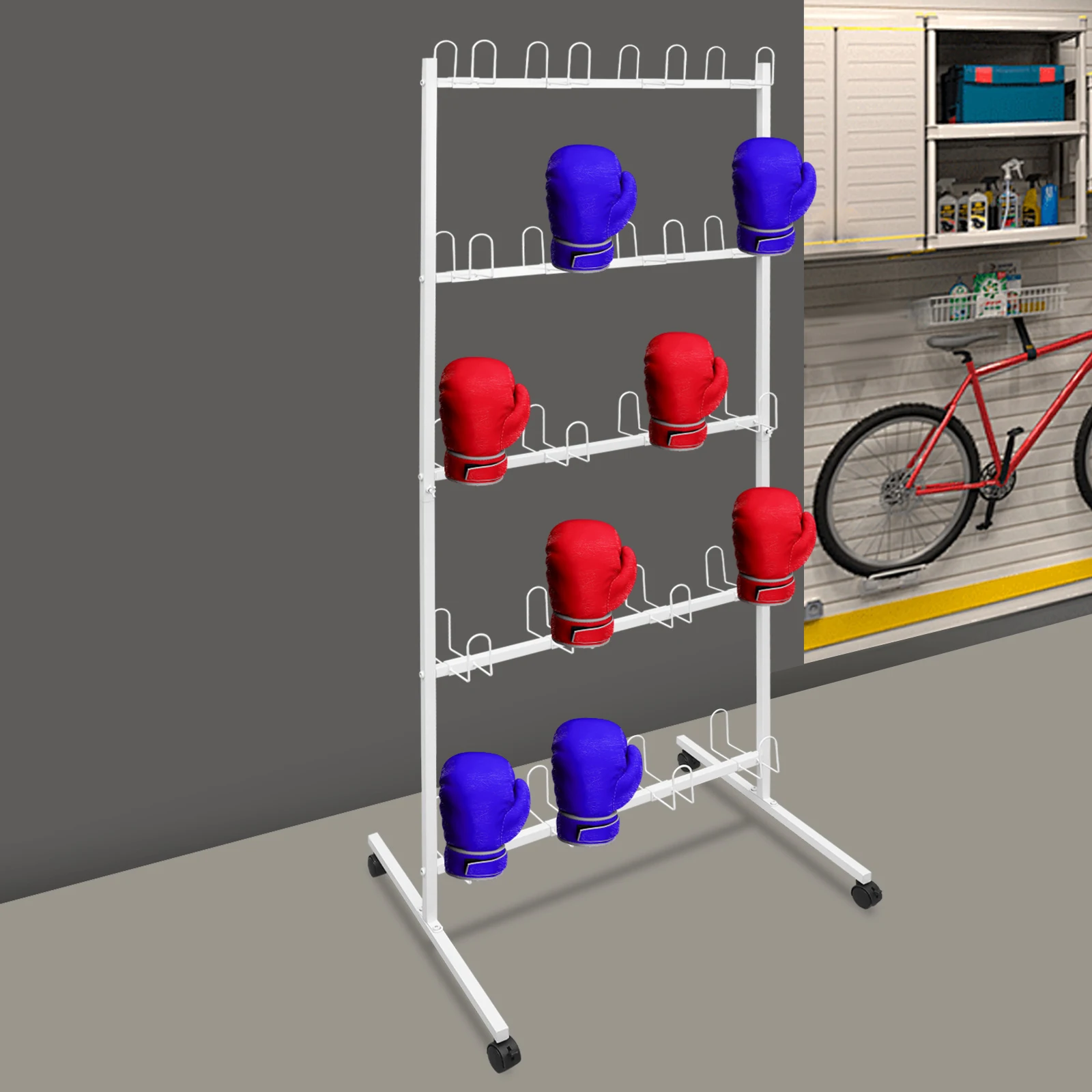 

5-tier 73*60*183cm Boxing Gloves Drying Rack White Boxing Glove Storage Stand with Universal Wheels Metal Boxing Glove