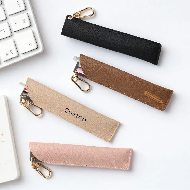 Custom Logo PU Leather Writing Pen Storage Bag Blank Portable Penclip Personalized Name Number Pen Holder with Hanging Buckle
