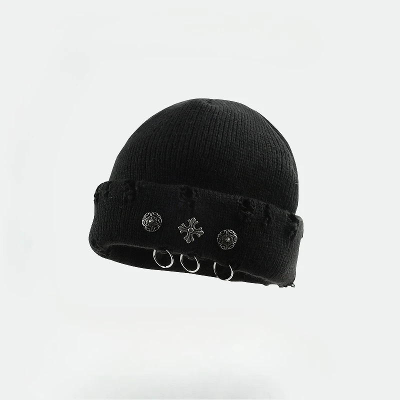 Street Hip-Hop Retro Cross Ring Perforated Woolen Hat for Women, Yuppie Knitted Melon Skin Hat, Cold Hat for Men