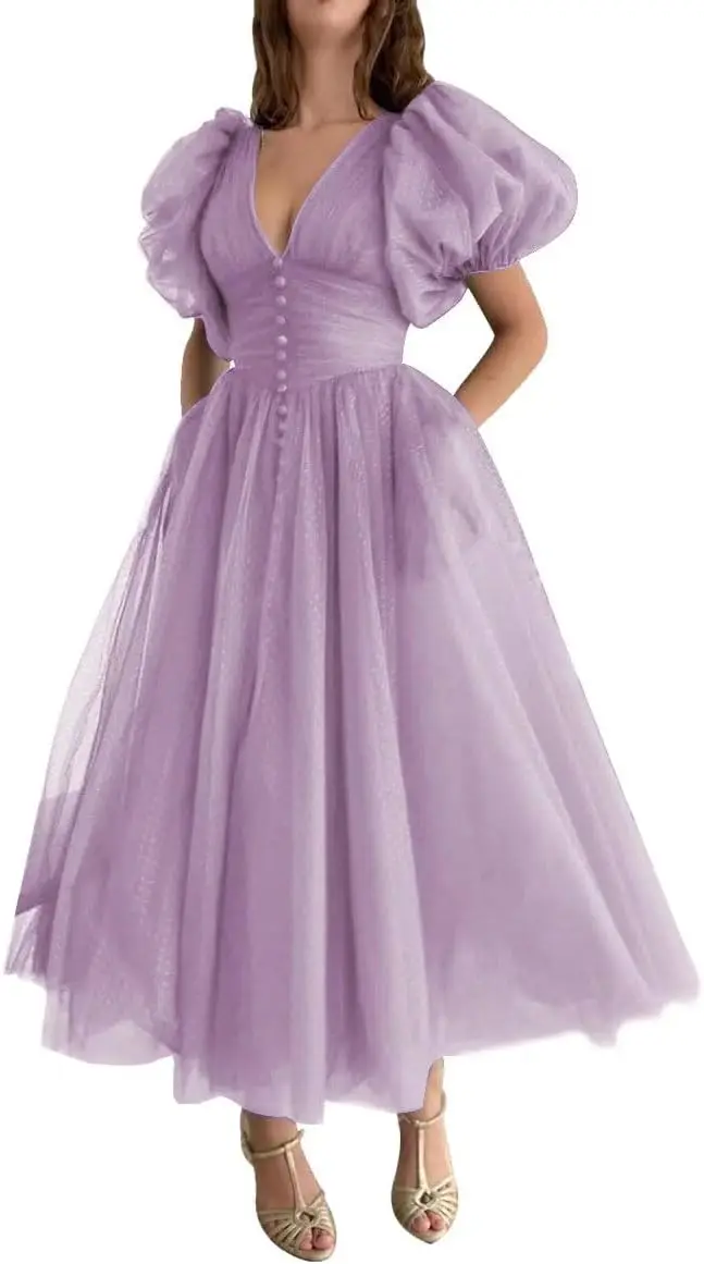 

Puffy Sleeve Prom Dresses for Women Dotted Tulle V Neck Formal Evening Party Gowns Tea Length Formal Dress Women Elegant