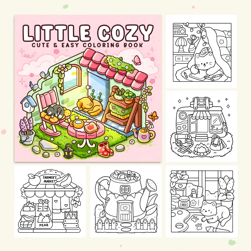 Cute Easy Little Cozy Coloring Book Calming Simple Art for Adults Relaxation Stress Relief Creative Gift