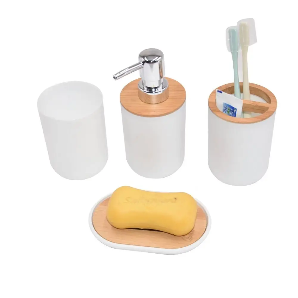 4 Piece Set Bathroom Accessories Set Durable Wear Resistant Soap Lotion Dispenser Plastic Bamboo Wood Soap Dish