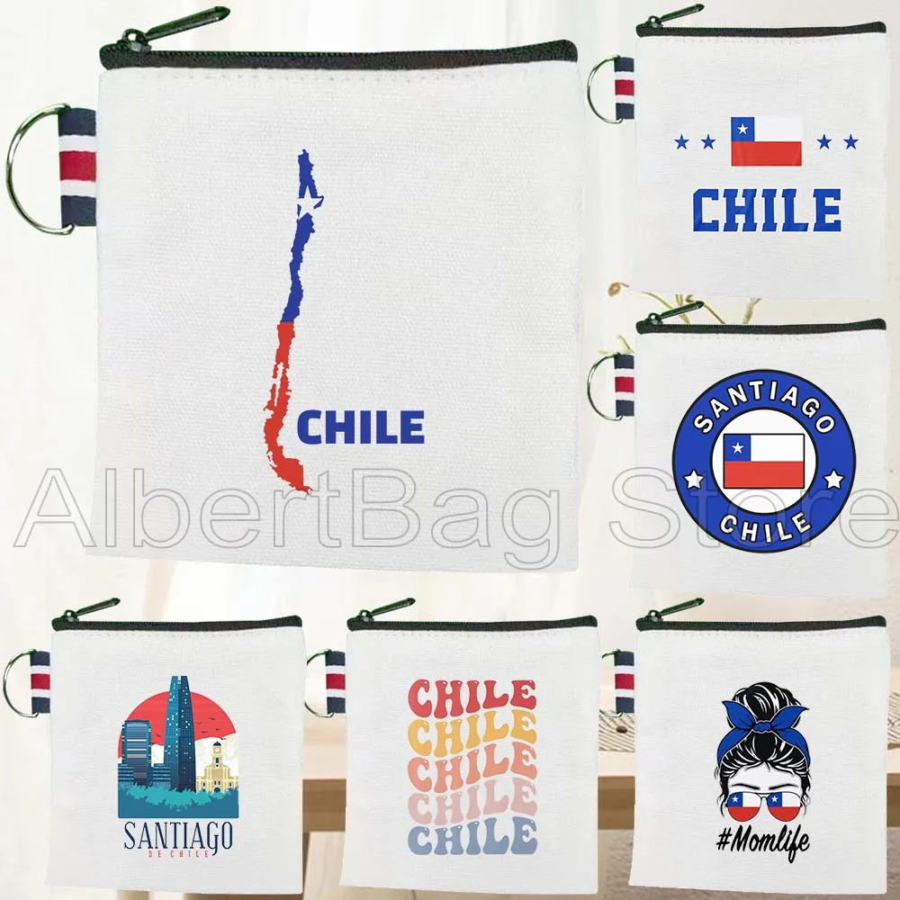 Chile Flag Map Chilene Patriotic Cute Gifts Santiago Chili Chilean Art Canvas Coin Purse Bag Square Key Storage Bag Wallet Pouch