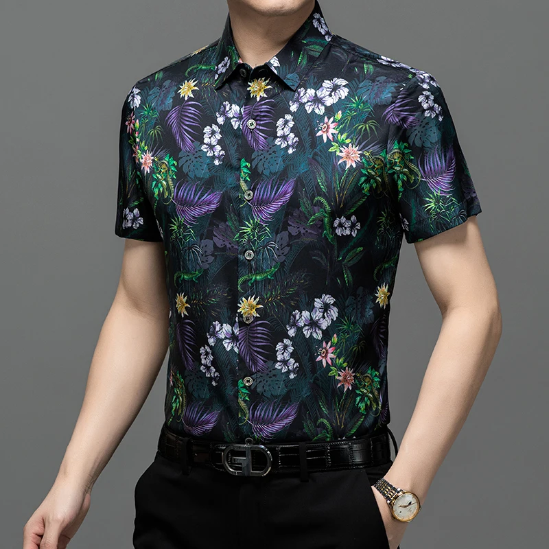 Mulberry Silk Blend Premium Shirts For Men Short Sleeved Casual Summer Quality Smooth Comfortable Floral Print Camisas De Hombre