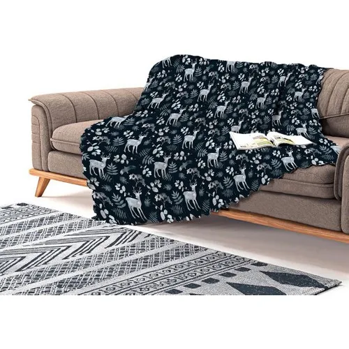 Realhomes Navy Blue Ground Deer and Leaf Motifs Digital Printed Chenille Sofa Throw