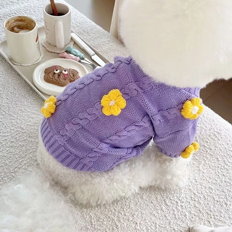 

Fashion Purple Dog Clothes Pet Sweaters Autumn Dog Warm Clothes Teddy Knits Softer than Bears Open Button Sweaters