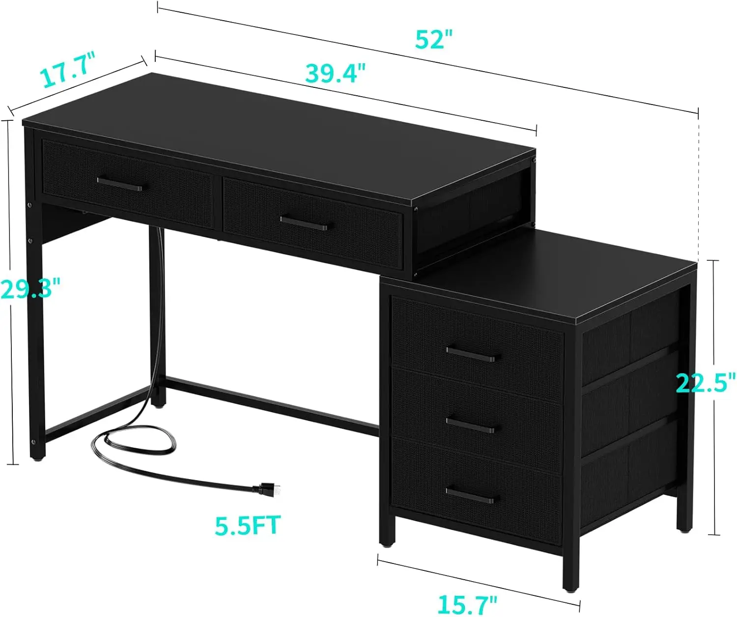 Reversible Computer Desk with 5 Drawers, Sturdy Office Desk with Power Outlets and USB Ports, Corner Writing Table, Black