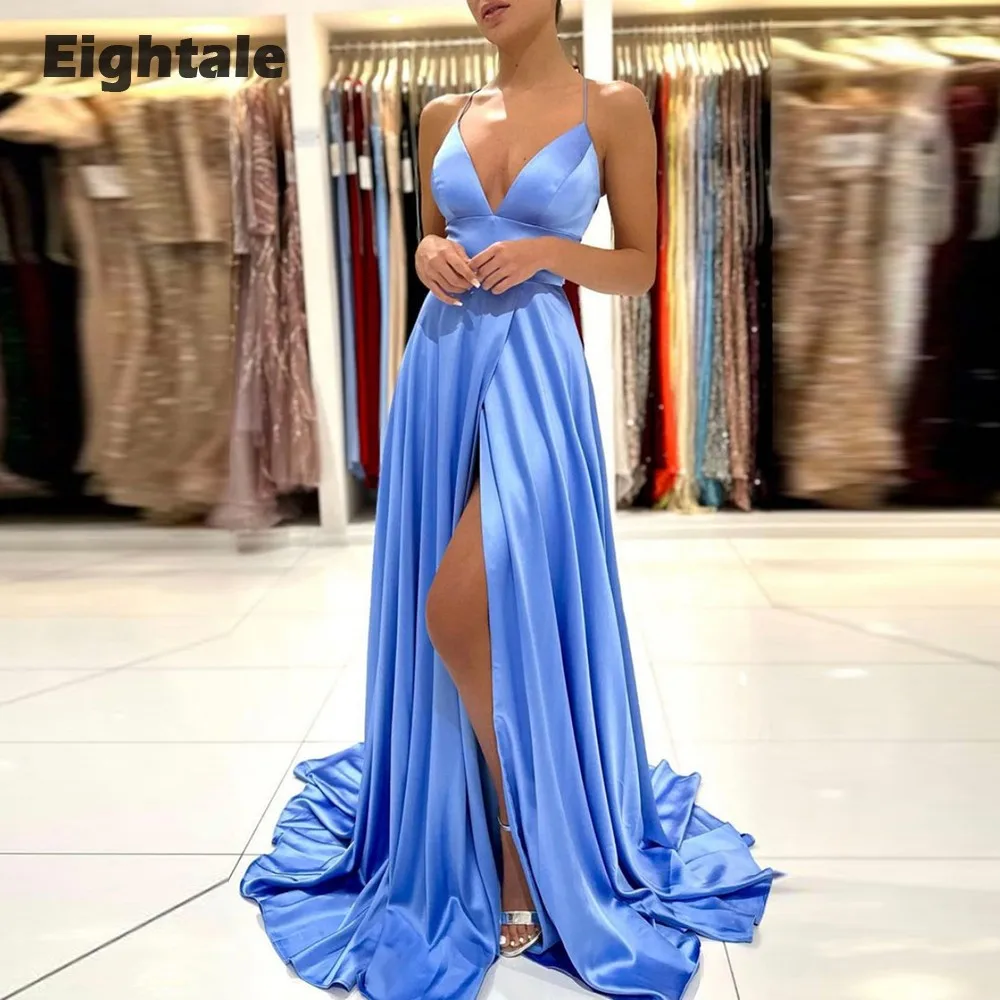 

Eightale Light Blue Evening Dress Spaghetti Strap A-Line High Side Split Prom Party Gowns Graduation dresses for women 2023