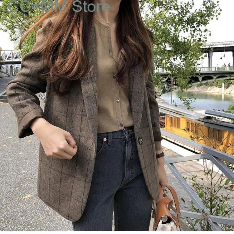 

New Women Blazers and Jackets Fashion Plaid Blazer Korean Coat Women Winter Clothes Notched Single Breasted Outerwear