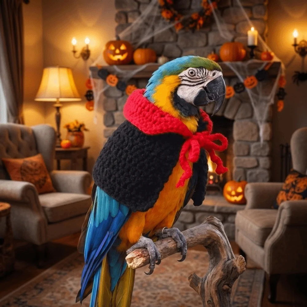 Funny Parrot Red Collar Cloak Breathable Knitting Halloween Pet Bird Cloak Comfortable Soft Pet Bird Costume Pet Party